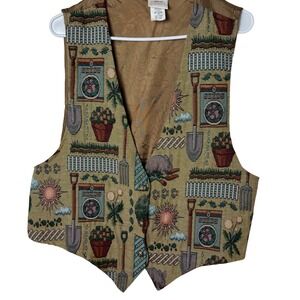 Backroad Blues Tapestry Vest Womens XL Tan Garden Novelty Print V-Neck Vintage